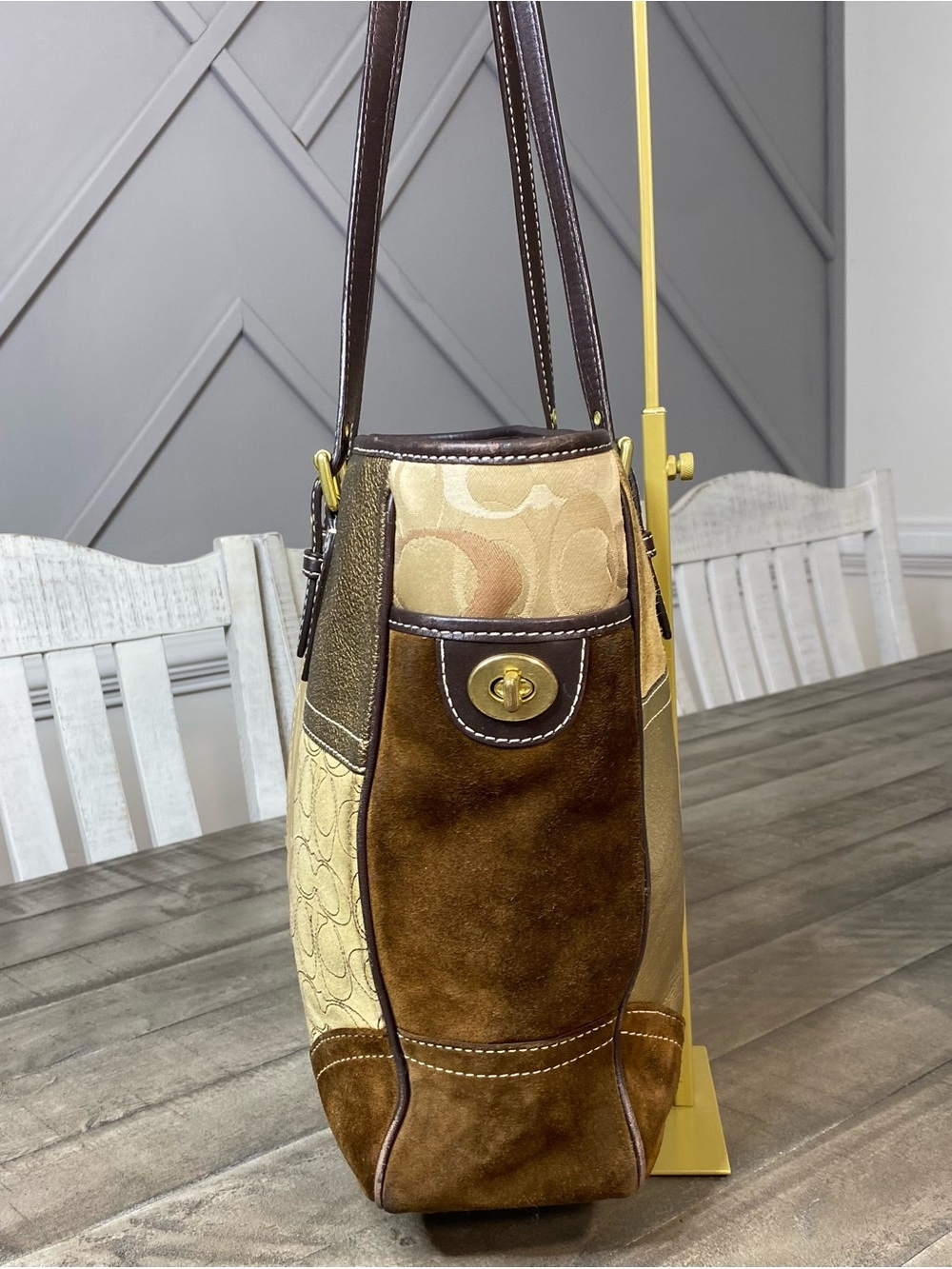 Vintage Coach Hampton Holiday Patchwork Tote Bag Brown Gold Canvas Suede Y2K - Picture 7 of 15